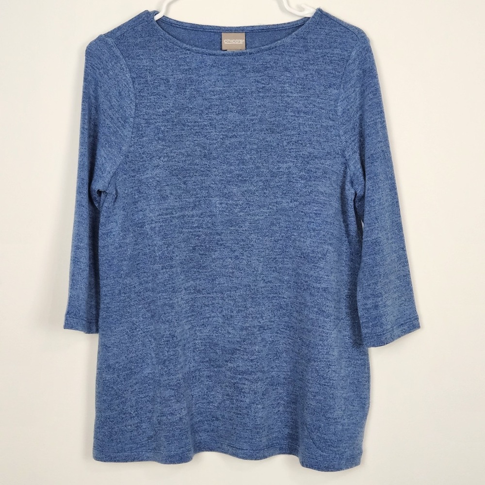 Chico's Sweater Womens Sz 0 US S Blue Knit Pullover Tunic Top Pockets 3/4 Sleeve